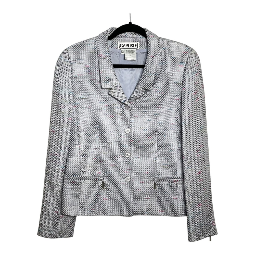 Carlisle Womens Lavender‎ Multi Confetti Tweed Cotton Blend Zip Pocket Blazer 8